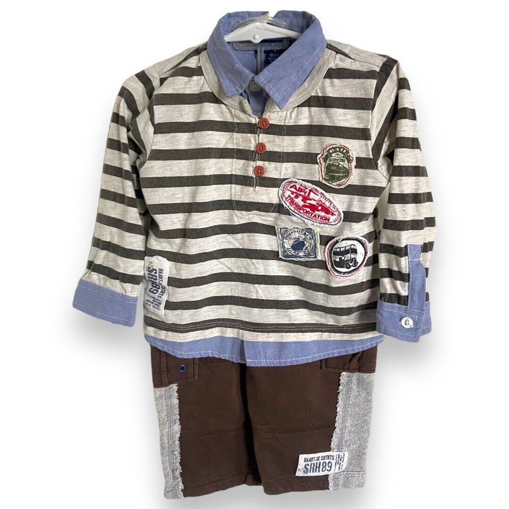 Naartjie Boys Outfit Size 18-24 Mo Brown Gray Stripes Shirt Thick Pants Layered